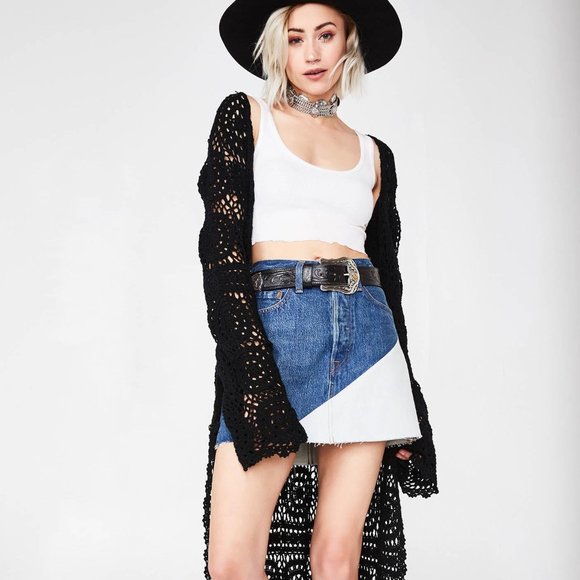 Levis Premium Denim Mini Skirt 31 Deconstructed Two Tone Colorblock Raw Hem NWT - Picture 2 of 12